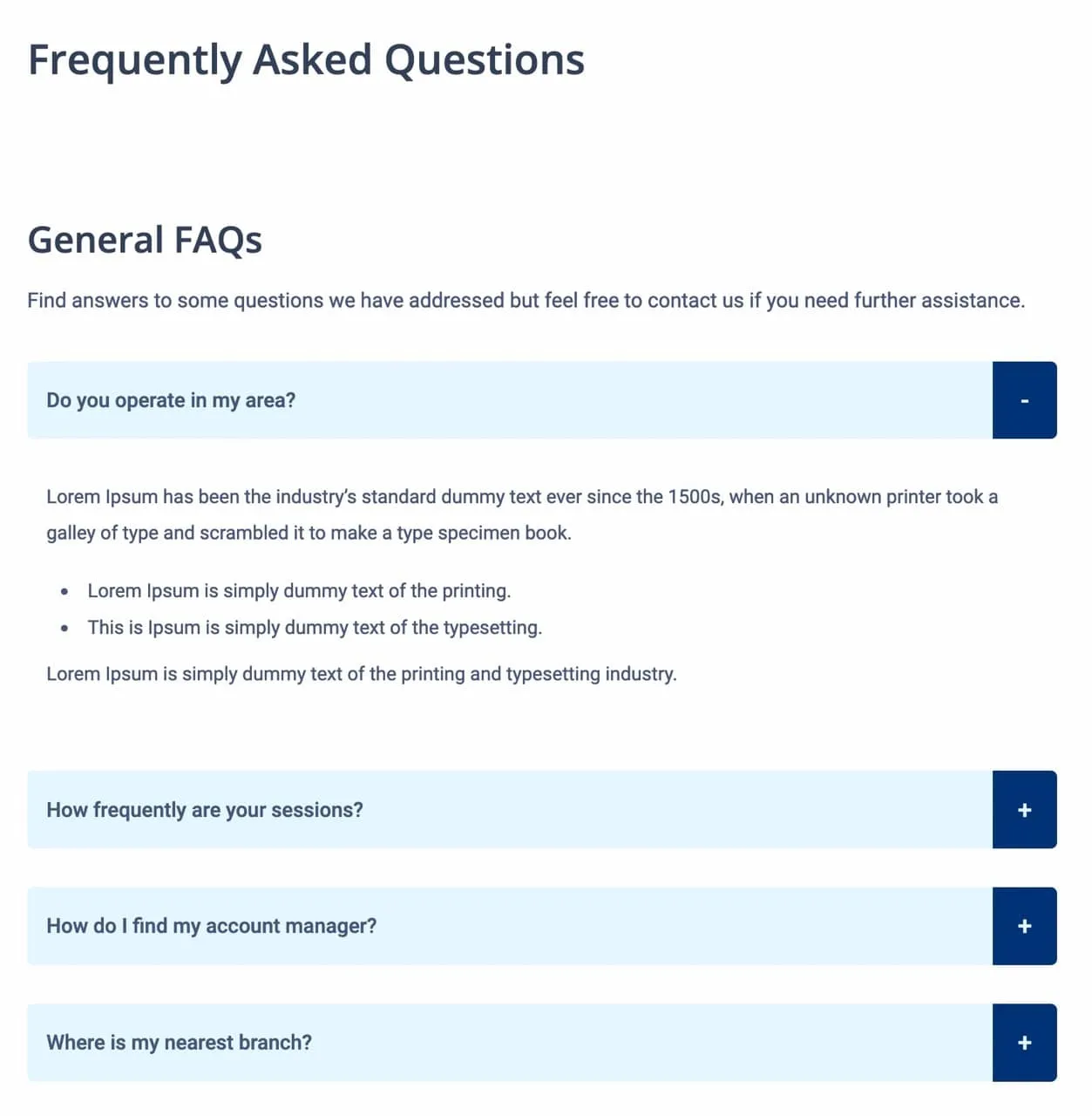 FAQs Page and Sections